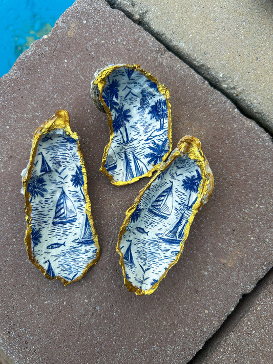 Blue and White Sailboat Oyster Shell