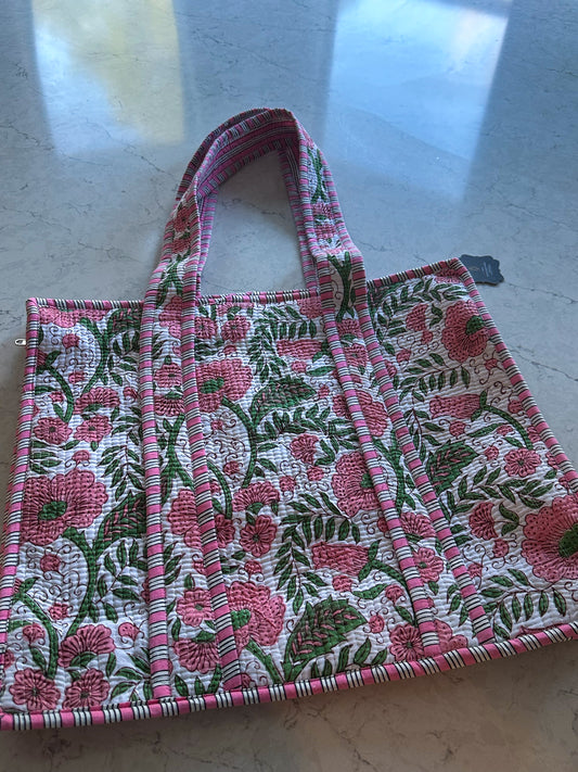 Quilted Tote Bag - Pink Pansy